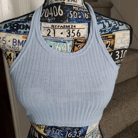 BABY BLUE RIBBED CROPPED HALTER TOP! - Picture 2 of 11